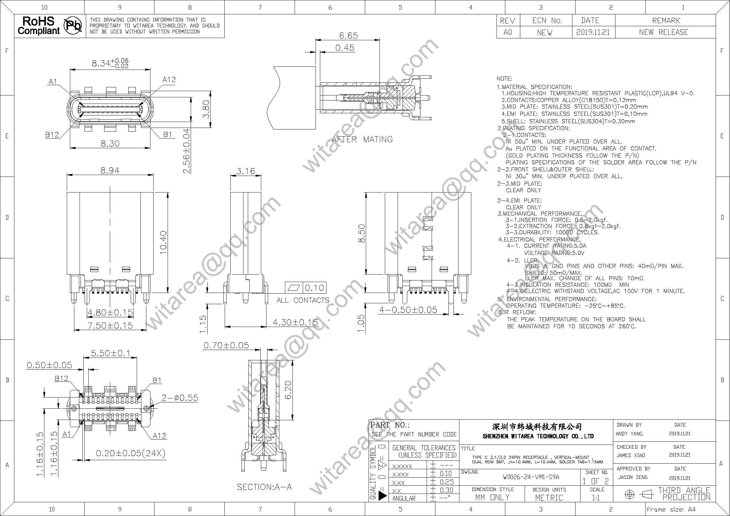 24pin USB Type c Receptacle , type c dual-row SMT connectors with ...