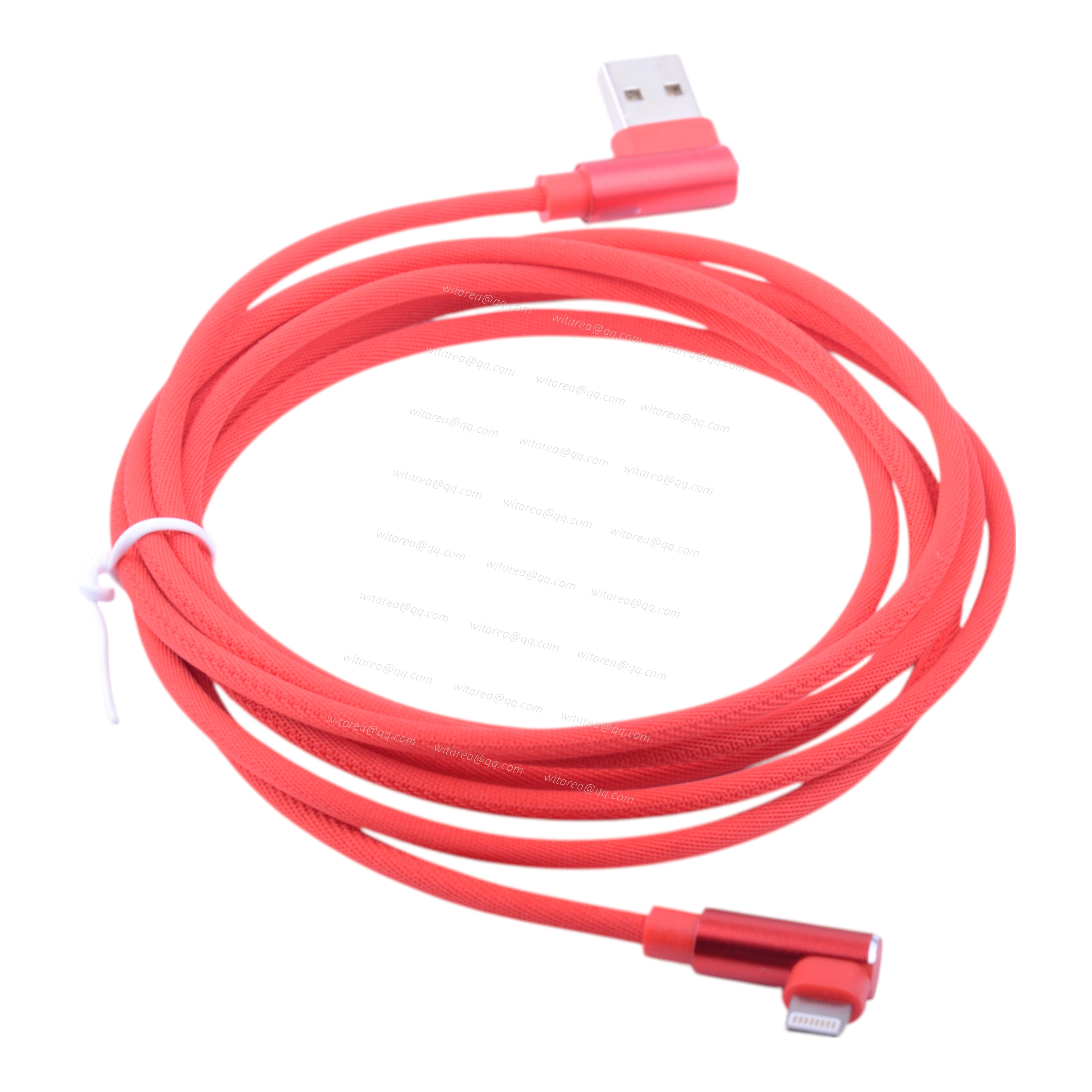 Angled Red USB AM To Angled Lightning Cable With Fabric Braiding