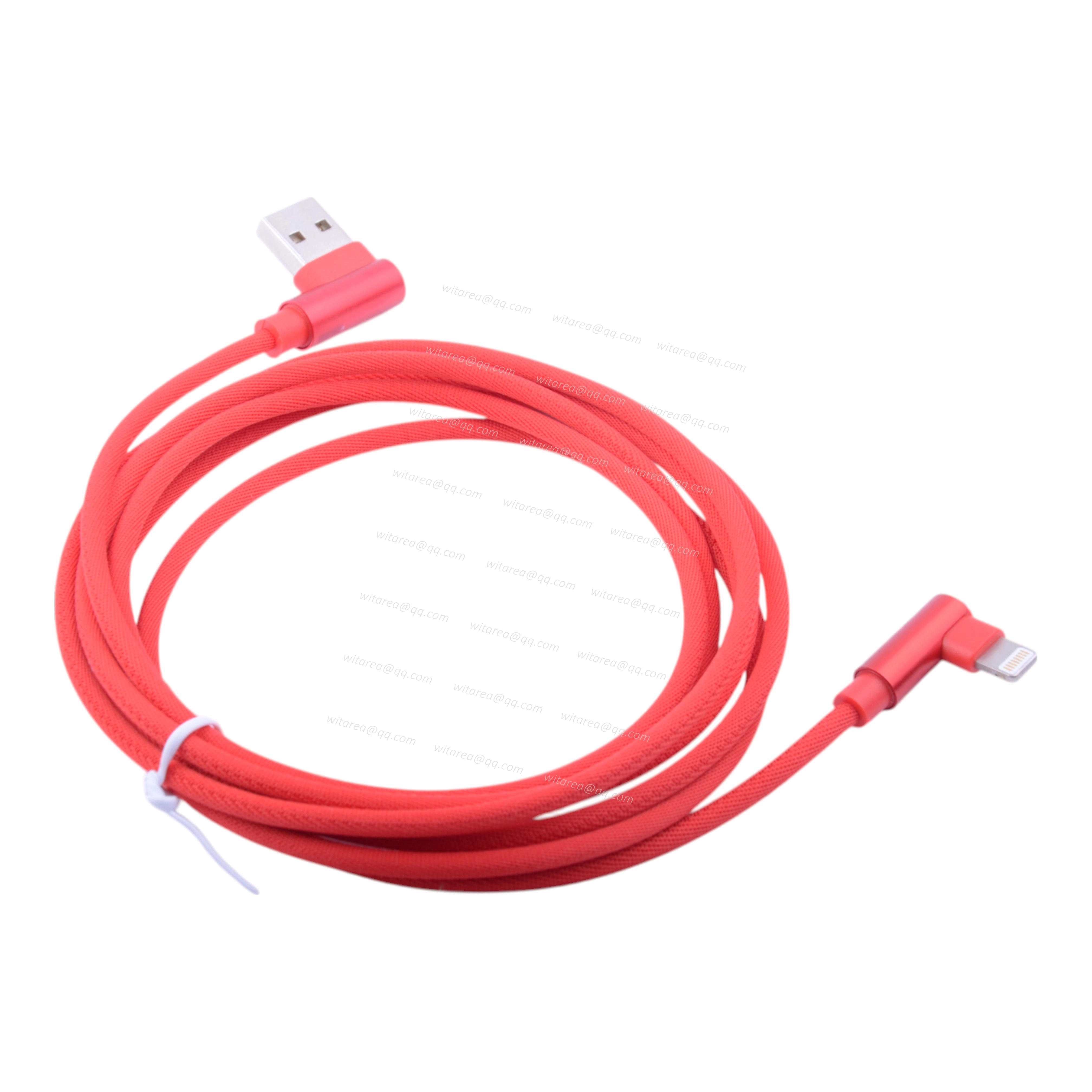 Angled Red USB AM To Angled Lightning Cable With Fabric Braiding
