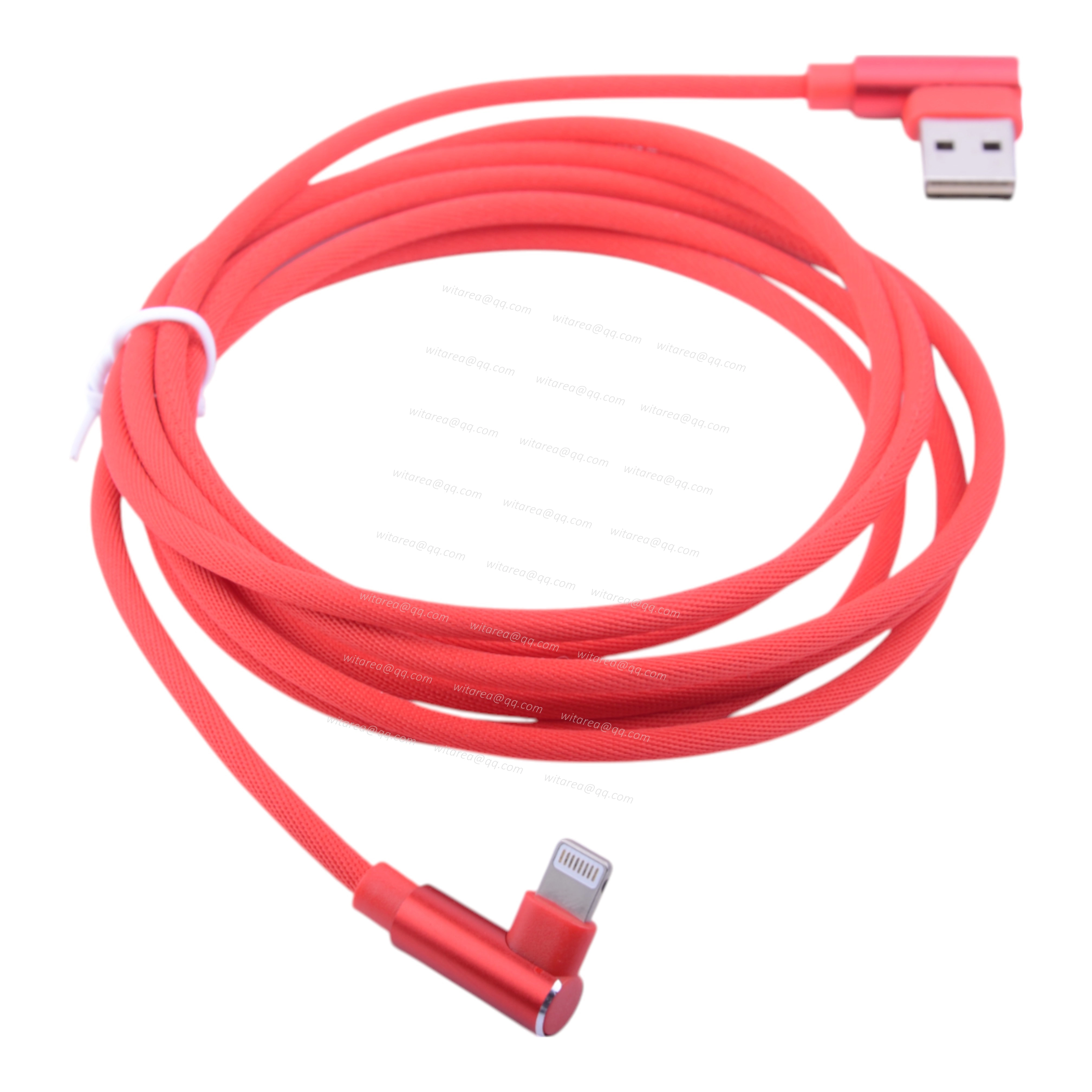 Angled Red USB AM To Angled Lightning Cable With Fabric Braiding